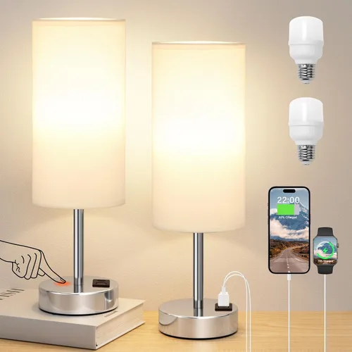 Miniatura 9 de Lámparas de mesita táctiles negras para niñas - Lámpara de noche pequeña con puertos de carga USB-C y USB, lámpara de mesa de control de 3 vías