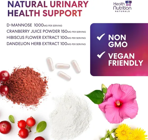 Miniatura 6 de Suplemento de D-manosa – 1,000 mg de manosa de D por porción con arándano, hibisco y diente de león – Soporte urinario natural y de acción rápida