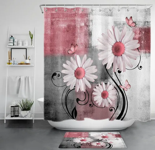 Miniatura 13 de Cortina de ducha floral con margaritas azules, flores blancas y mariposas en tela moderna abstracta geométrica gris para baño, 10 ganchos, 48 x 72