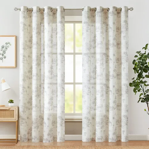 Miniatura 20 de Jinchan Cortinas de lino para sala de estar de 63 pulgadas de largo, con estampado de hojas tropicales, cortinas botánicas de lino estilo rústico