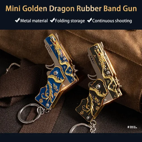 Miniatura 4 de 2pcs mini oro dragón goma banda pistola metal plegable llavero nuevas e interesantes goma banda juguete pistola al aire libre regalo fiesta