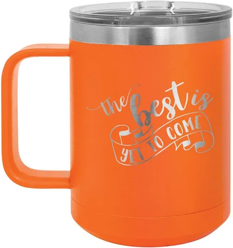 Taza de café con tapa deslizante para viajes, con texto en inglés «The best is yet to come 2 15 oz», taza de café aislada para viajes, ideas de