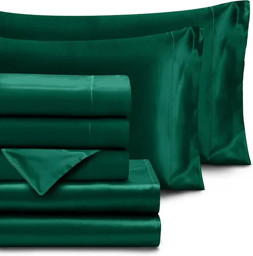 Miniatura 3 de Homiest Juego de sábanas de satén, tamaño matrimonial, 7 piezas de ropa de cama de satén en verde negruzco, sábana bajera de bolsillo profundo