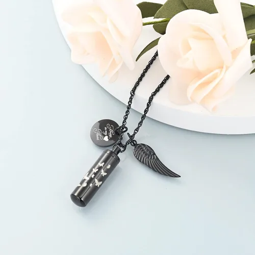 Miniatura 2 de shajwo Collar de cenizas de urna cilíndrica para mujeres y hombres, joyería de cremación de mariposa, ceniza amada, un colgante de ala de ángel
