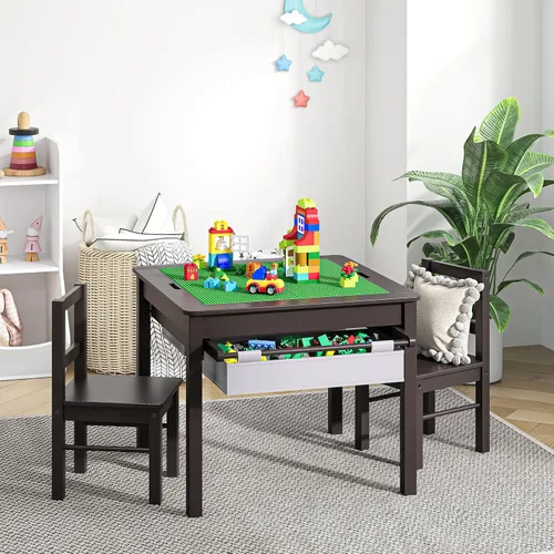Miniatura 7 de UTEX Juego de mesa de construcción para niños 2 en 1 de madera con 2 sillas y cajones de almacenamiento, y base para legos integrada compatible