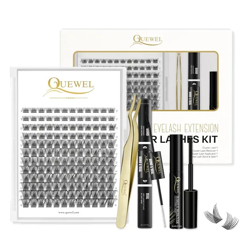 QUEWEL Kit de Extensiones de Pestañas DIY, 144 Piezas de Racimos de Pestañas, Herramienta Aplicadora de Pestañas en Racimo, Adhesivo y Sellador