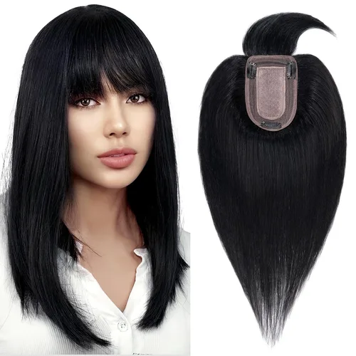 Miniatura 12 de Benehair Peluca de cabello con clip con flequillo, peluca secreta de cabello 100% humano, postizo superior con flecos, peluca de repuesto
