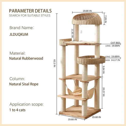 Miniatura 6 de Árbol de madera para gatos de interior, torre para gatos de 62 pulgadas de alto con poste rascador para gatos grandes, condominio para gatos
