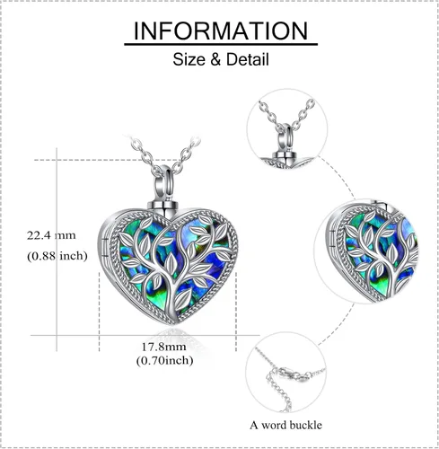 Miniatura 4 de ONEFINITY Collar de urna de cremación para cenizas de plata de ley con concha de abulón, árbol de la vida, collar con medallón que sostiene imágenes