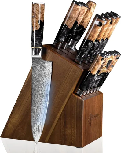 SENKEN 15-Piece Damascus Knife Block Set - Black Tsunami Collection - Japanese Chef Knife Set with 67-Layer Japanese VG10 Steel Blades (15-Piece