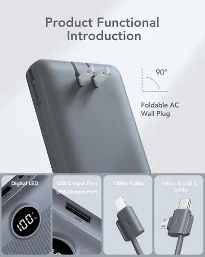 Miniatura 2 de Cargador portátil de 20000 mAh, cargador de batería VRURC de carga rápida de 22.5 W con cables, cargador portátil USB C de 20 K con enchufe de Gris