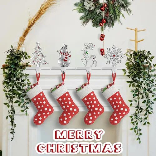 Miniatura 5 de GUOER Juego de 4 Soportes para Calcetines Navideños de Copo de Nieve para Repisa de Chimenea, Decoraciones Navideñas para Repisa de Chimenea