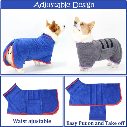 Miniatura 6 de Abrigo de secado para perros – Toalla de secado rápido para perros – Albornoz de microfibra súper absorbente para mascotas, cuello ajustable y Gris