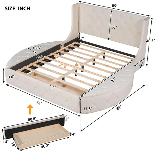 Miniatura 2 de Cama de plataforma tapizada tamaño Queen, muebles de dormitorio, marco de cama de madera de pino con cajón, taburetes de almacenamiento laterales
