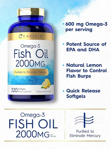 Miniatura 3 de Suplementos de aceite de pescado con Omega 3 Carlyle 2000 mg 320 cápsulas de gel EPA y DHA 600 mg de Omega-3 total Píldoras sin OGM, sin