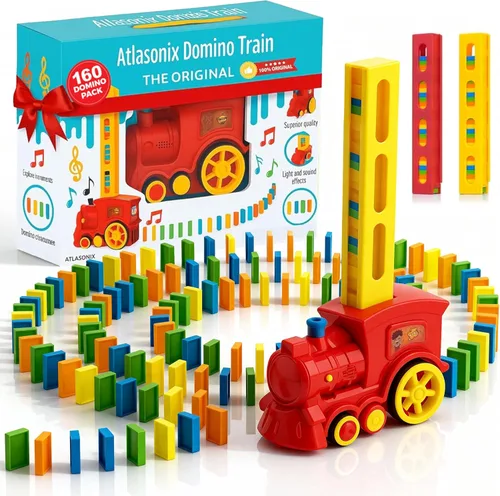 Atlasonix Domino Train | Domino Train para niños | Dominó para niños - Juego automático de juguetes de colocación de dominó (300, 220,160 bloques)
