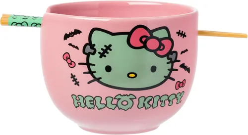 Miniatura 24 de Silver Buffalo Sanrio Hello Kitty Tazón de cerámica para ramen y arroz con diseño de flores, con palillos, apto para microondas, 20 onzas