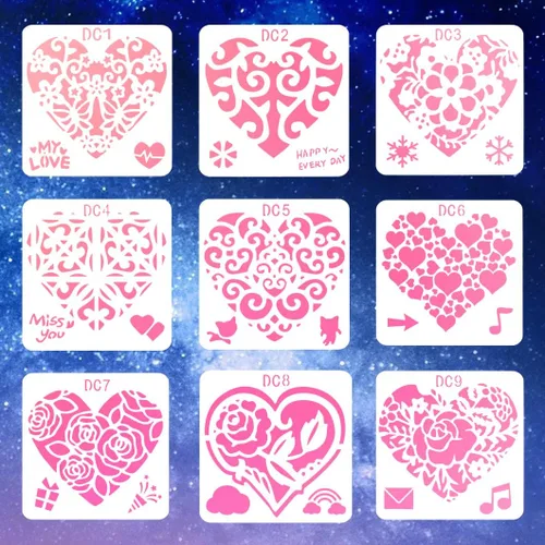 Miniatura 7 de Rolin Roly 9 plantillas de pintura de corazón, plantillas con estampado de rosas de amor, plantillas de pintura de hojas reutilizables para dibujar