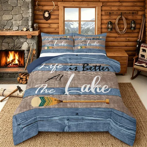Miniatura 36 de Juego de ropa de cama King para casa del lago, juego de edredón de paleta de madera retro para regalos para amantes del lago, inserto de edredón