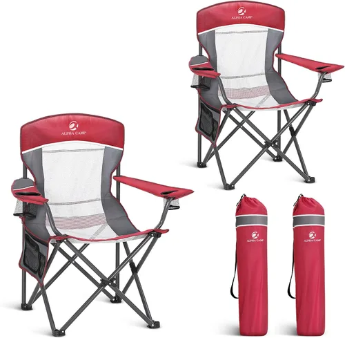 LET'S CAMP Paquete de 2 sillas de campamento con respaldo de malla, portátil, plegable, resistente, para exteriores, 330 libras, silla de brazo Rojo