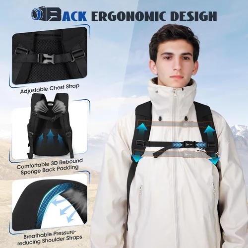 Miniatura 5 de RAINSMORE Mochila para cámara para fotógrafos DSLR SLR SLR sin espejo con cubierta impermeable para lluvia y compartimento para laptop, se adapta a