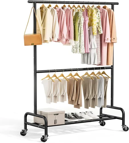 Abiglifty Perchero con ruedas de 2 niveles, perchero resistente con ruedas, capacidad de 150 libras, 43 pulgadas de ancho x 17 pulgadas de Negro