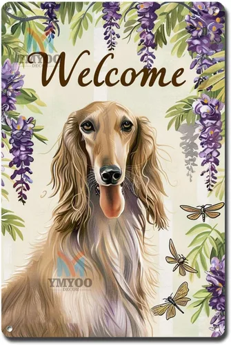 Letrero decorativo de hojalata vintage, arte de pared majestuoso afgano de bienvenida para los amantes de los perros y decoración rústica del hogar,