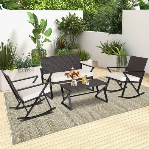 Miniatura 2 de Tangkula Patiojoy - Juego de muebles mecedores de patio de 4 piezas, sofá biplaza de mimbre de polietileno resistente con 2 sillas mecedoras y 1