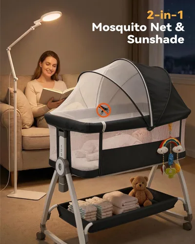 Miniatura 4 de Moisés 4 en 1 para Bebé Durmiente de Cabecera, Moisés de Cabecera con Ruedas, Moisés Ajustable de 6 Alturas con Colchón Suave, Mosquitero, Juguete