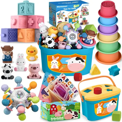 Juguetes para bebés 6 en 1, juguetes de bebé de 6 a 12 meses, 0-6 12-18 regalos Montessori para niños pequeños, juego de animales de granja y