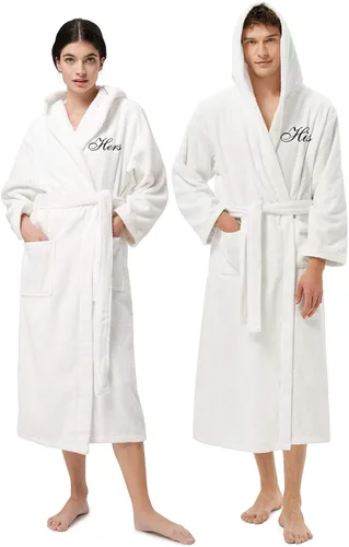 AW BRIDAL 2Pcs Couple Terry Cloth Robes 100% Cotton Hooded Spa Robe for Women Men Wedding Anniversary Engagement Gifts