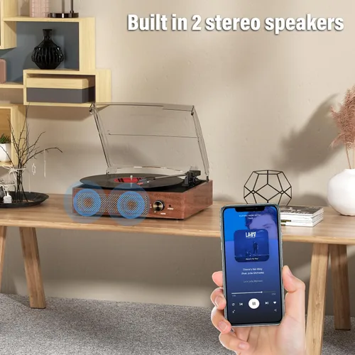 Miniatura 5 de Tocadiscos de vinilo con receptor Bluetooth integrado y 2 altavoces estéreo, 3 velocidades y 3 tamaños, tocadiscos retro portátil para Naranja