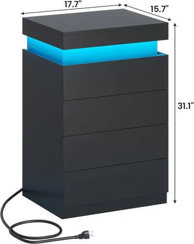 Miniatura 2 de ADORNEVE - Mesita de noche negra con cajones y luces LED, mesita alta con parte superior deslizable, mesa de cabecera con estación de carga, mesa