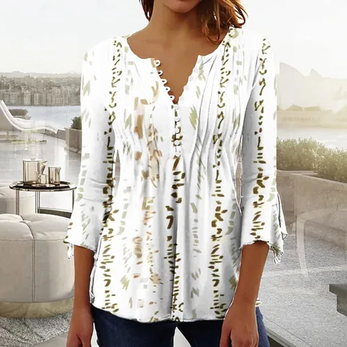 Miniatura 15 de Ceboyel Blusa tipo túnica con estampado floral para mujer, con botones, estilo Henley, con manga de codo, casual, trajes de moda para mujer