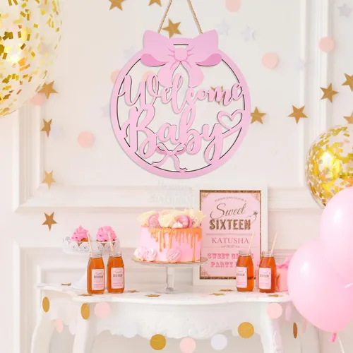 Miniatura 5 de Decoraciones de baby shower con lazo rosa para niña, letrero de madera de bienvenida para bebé, coqueta, decoración de fiesta de baby shower, lazo