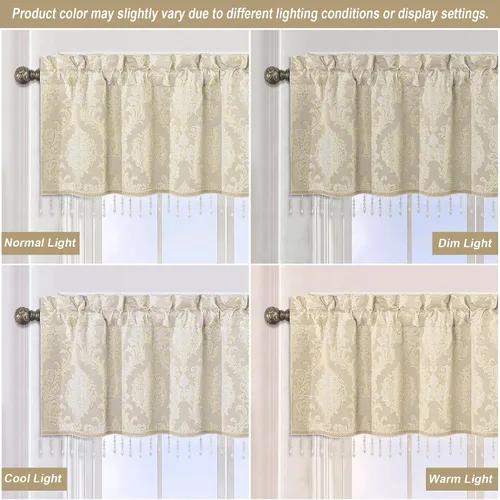 Miniatura 7 de Loom and Mill Cenefas de jacquard de lujo para ventana de sala de estar, elegante cenefa de cortina de damasco beige con ribete de cuentas, cortina