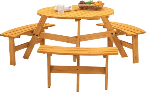 Miniatura 3 de Mesa de picnic redonda de madera para 6 personas, mesa de comedor al aire libre de 35 pulgadas con 3 bancos integrados, agujero para paraguas, mesa