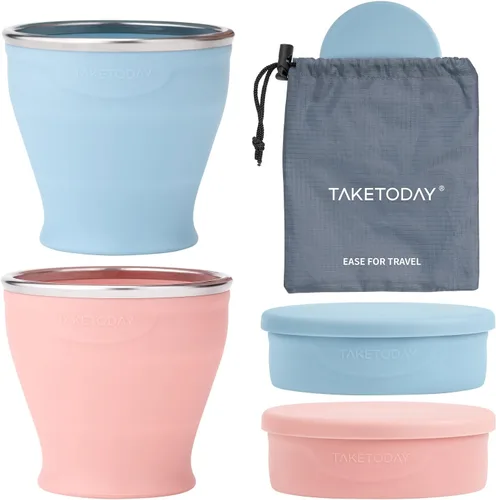 TakeToday 2PCS Collapsible Travel Cup 8 oz - Silicone Foldable Water Cup, BPA-Free with Lid & Waterproof Bag - Drinking Cup Set for Camping,