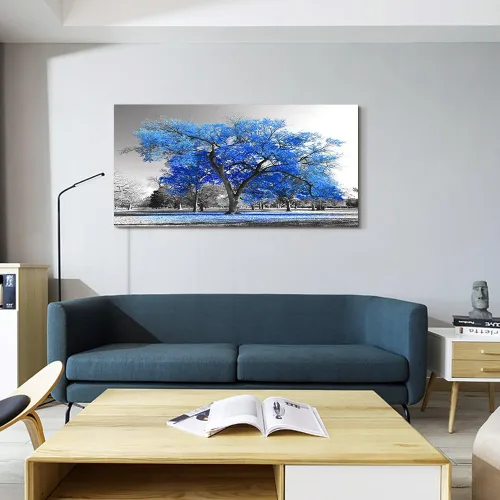 Miniatura 5 de Pintura artística contemporánea de árbol azul en estilo blanco y negro, paisaje de otoño, imagen moderna giclée, estirada y enmarcada