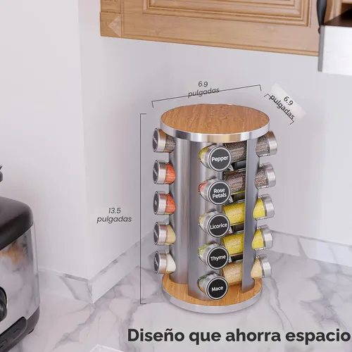 Miniatura 4 de Juego de estante giratorio para especias con 20 tarros de especias, organizador de torre de especias de cocina para encimera o gabinete. Madera