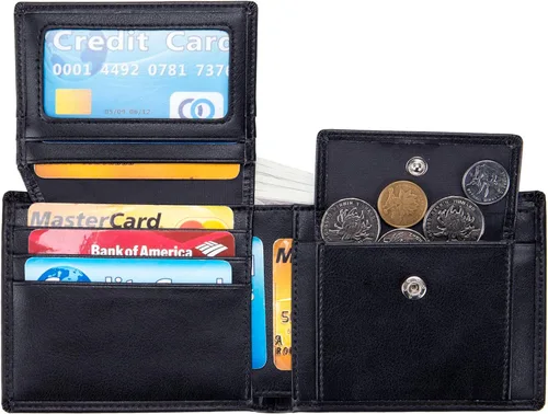 Miniatura 2 de OFAMOUS Cartera de cuero para hombre con bolsillo para monedas ventana de identificación abatible bloqueo RFID billetera delgada con bolsillo