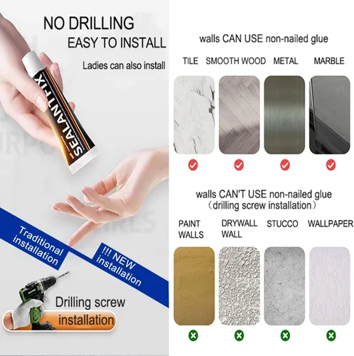 Miniatura 5 de Toallero de pared negro mate, sin taladro ni tornillo, longitud de la ducha de baño, barra de toalla doble de 24 pulgadas con estante para toallas