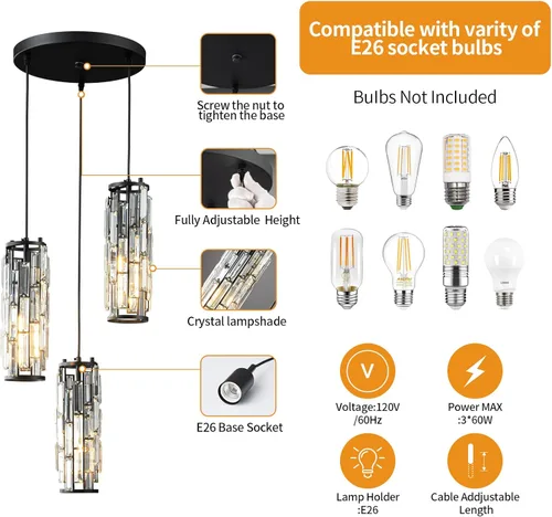 Miniatura 2 de LMQNINE Lámpara colgante de 3 luces negras modernas, mini candelabros de cristal, lámpara colgante ajustable para cocina, isla, comedor, dormitorio