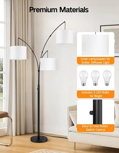 Miniatura 6 de OUTON Lámpara de pie LED de arco, lámpara de pie alta moderna negra de 3 luces para dormitorio, 2400lm lámparas de esquina de pie ajustables