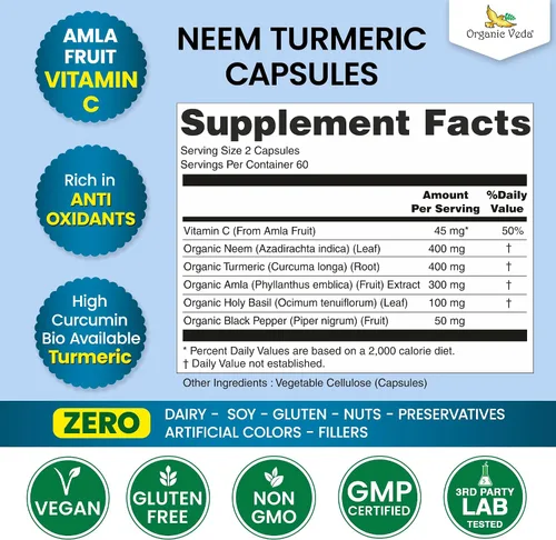 Miniatura 7 de Organic Veda Cápsulas de cúrcuma Neem – Complejo herbario 5 en 1 con fruta Amla, albahaca santa, pimienta negra – Suplemento inmunológico