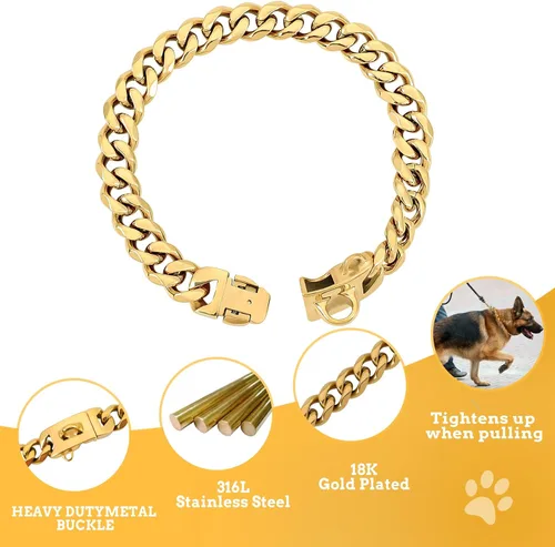 Miniatura 4 de BAOBOTE Collar de perro de acero inoxidable dorado de 0.59 pulgadas con cadena de eslabones cubanos resistente a prueba de mordidas, collar