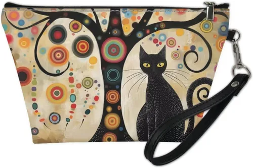 Miniatura 2 de Howilath Abstract Art Cat Cosmetic Pouch for Women PU Leather Toiletry Storage Bag Trapezoid Makeup Bags with Wrist Strap
