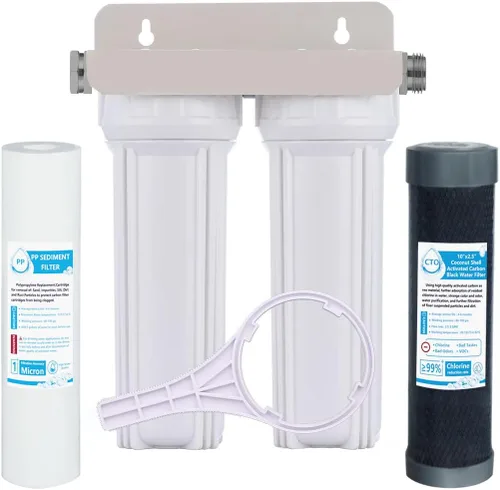 Sistema de filtro de agua dual externo para vehículos recreativos para reducir sedimentos, suciedad, arena, óxido, partículas de escamas y sabor a