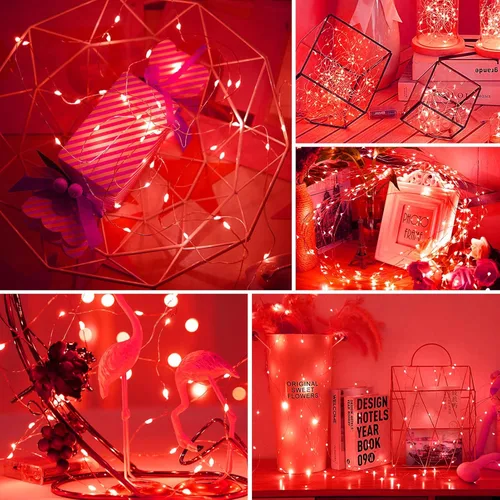 Miniatura 7 de echosari Paquete de 2 Luces de Hadas Rojas a Pilas 200 LED 66 Pies Alambre Plateado Luces de Cadena Estrelladas Temporizador Automático 8 Modos Rojo