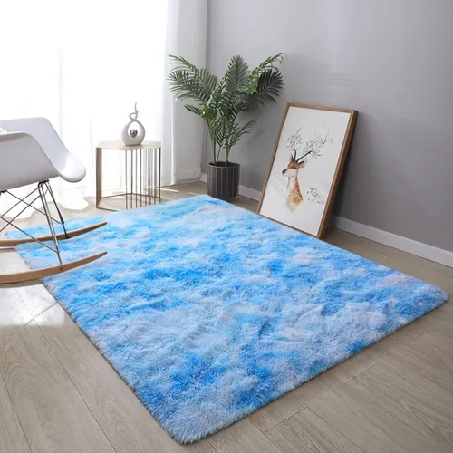 Miniatura 8 de DweIke Alfombras Shag Esponjosas Azules para Dormitorio Sala de Estar, 5x8 Grande Suave Felpa Tie-Dye Azul Cielo para Niñas y Niños, Alfombra Azul